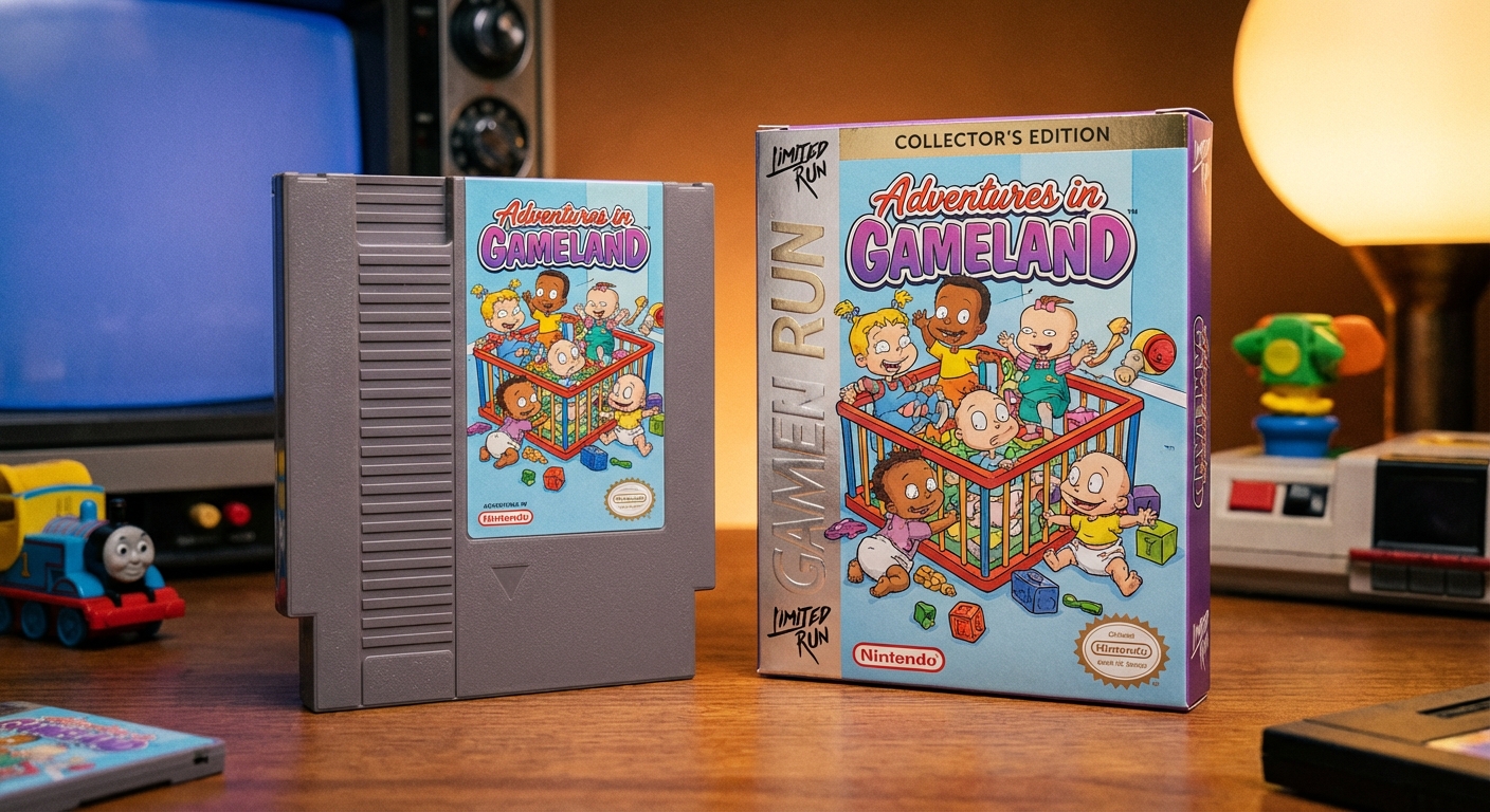 A collector's edition retro NES cartridge resembling Adventures in Gameland from Limited Run Games