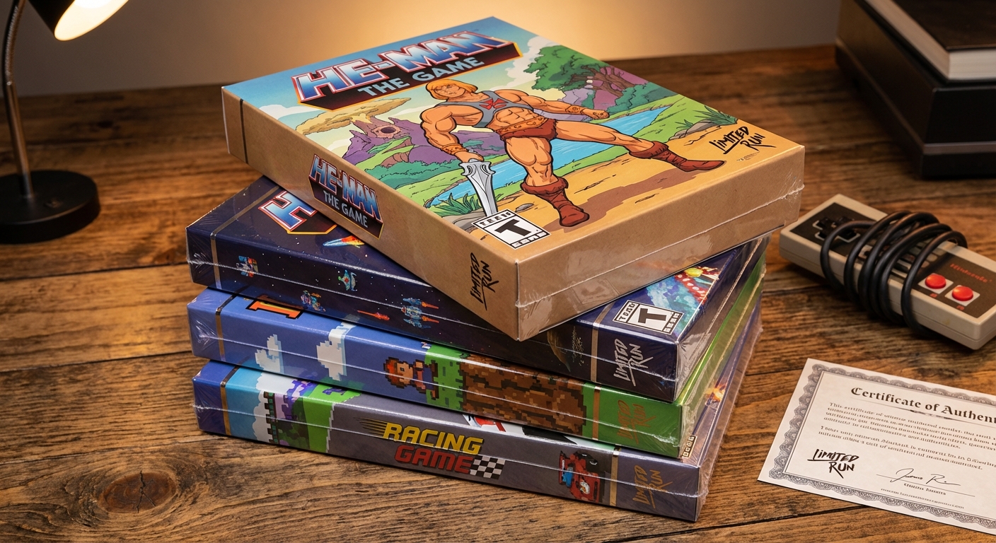 Stack of collector's edition retro games featuring 80s barbarian art